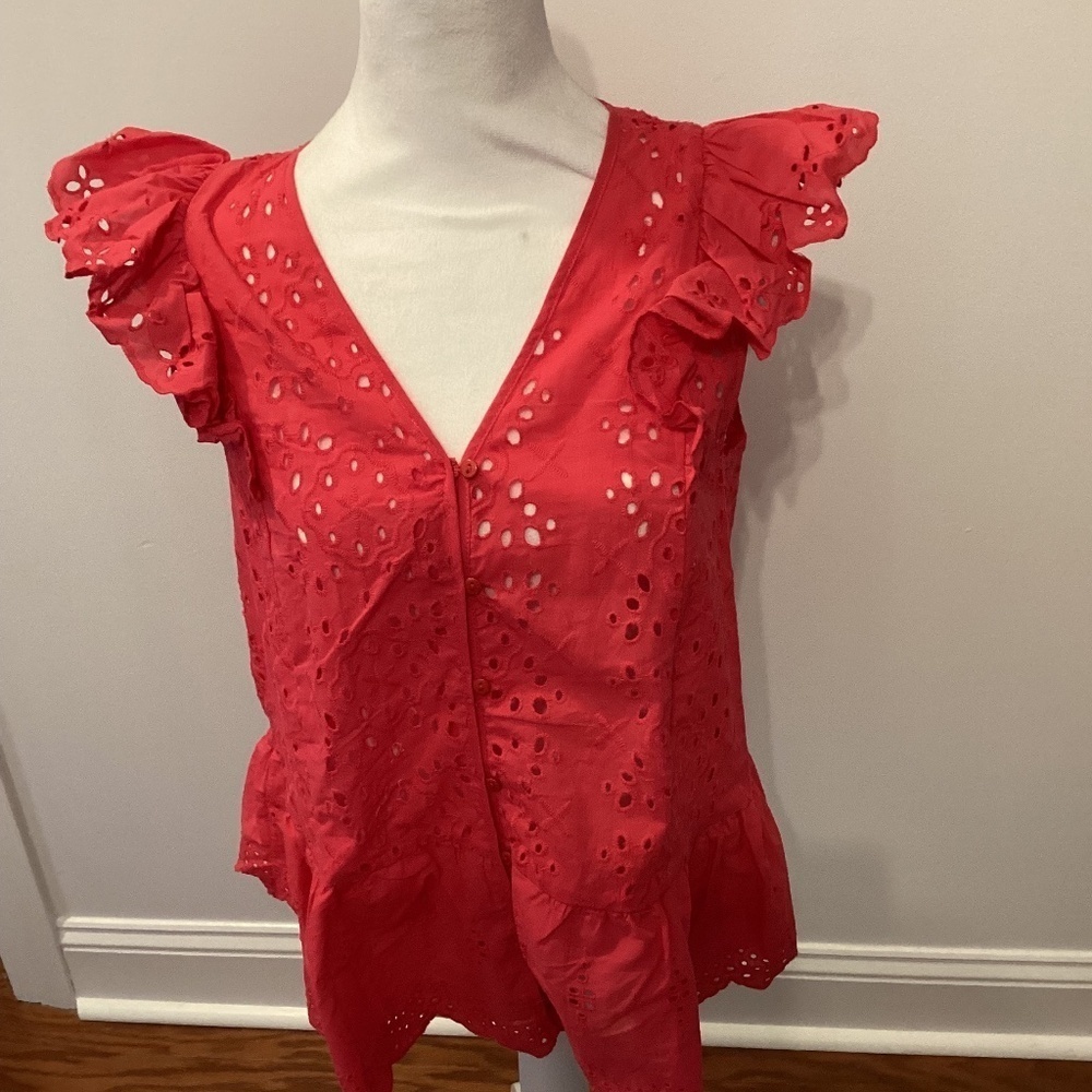 Embroidered  Cotton Eyelet Short Sleeve Button Up Shirt Color = Apricot